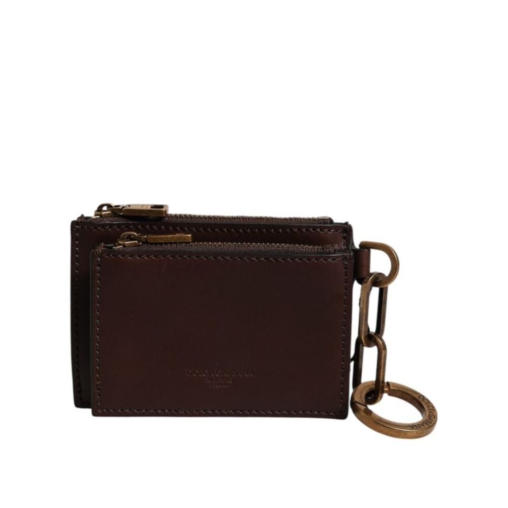 Dolce & Gabbana Brown Leather Logo Embossed Key Chain Coin Purse Women's Wallet